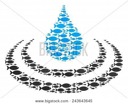 Drop Ripple Vector Composition. Abstraction Is Made From Fish Symbols In Different Sizes. Fish Items