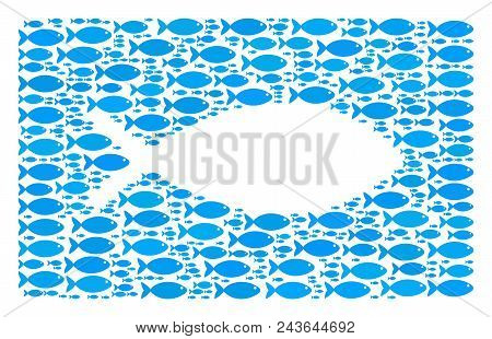 Fish Tank Vector Mosaic. Abstraction Is Made From Fish Symbols In Variable Sizes. Seafood Items Are 