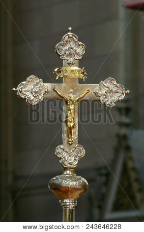 ZAGREB, CROATIA - AUGUST 16: Processional cross in Zagreb cathedral dedicated to the Assumption of Mary in Zagreb on August 16, 2017.