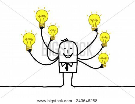 Vector Cartoon Man With Multi Light Bulbs