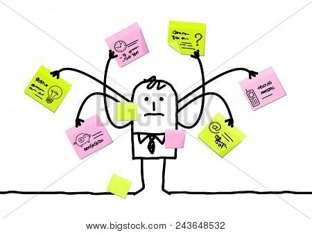Vector Cartoon Man Multitasking With Sticky Notes