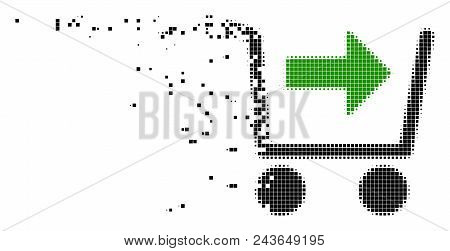 Dispersed Purchase Cart Dot Vector Icon With Wind Effect. Rectangular Elements Are Organized Into Da