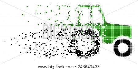 Dissolved Wheeled Tractor Dotted Vector Icon With Wind Effect. Rectangle Dots Are Organized Into Dis