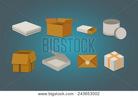 Set Open And Closed Carton Box. Delivery Packaging Vector Illustration