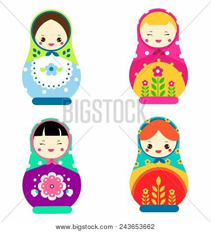 Cute Matryoshka. Traditional Russian Nesting Dolls. Smiling Matreshkas Icons.