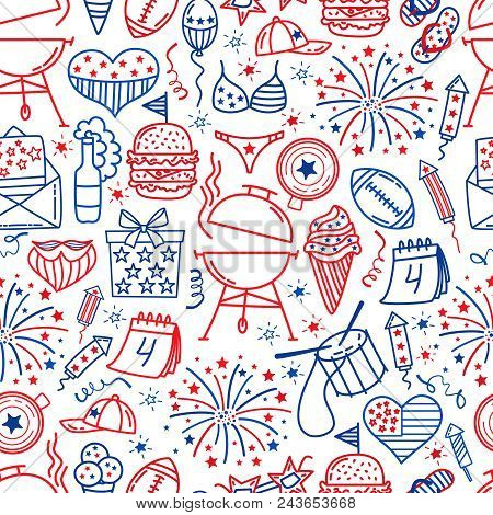 4 July. Usa Independence Day Seamless Background.hand Draw Traditional United States Symbols . Doodl
