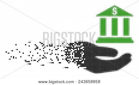 Dissolved Bank Service Hand Dot Vector Icon With Wind Effect. Rectangular Particles Are Organized In