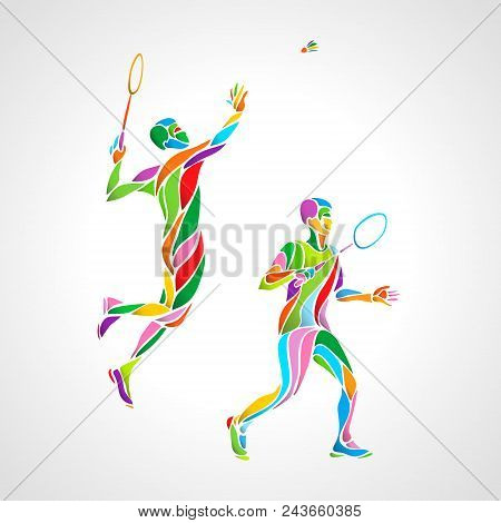 Abstract Men Doubles Badminton Players Color Creative Silhouettes