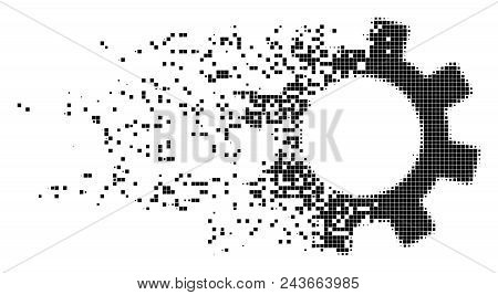 Dispersed Gear Dotted Vector Icon With Wind Effect. Rectangle Pieces Are Grouped Into Dispersed Gear