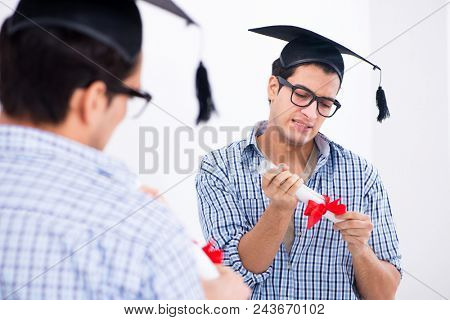 Young student planning graduation speech in front of mirror