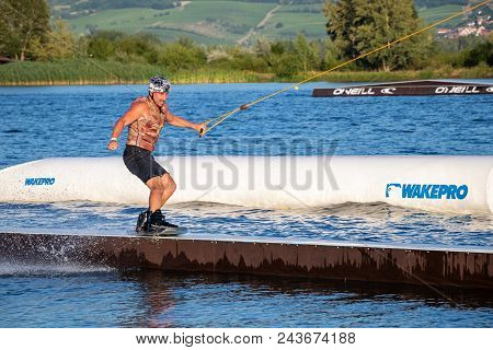 Pasohlavky, Czech Republic - June 03, 2017: Rider Wakeboarding In The Cable Wake Park Merkur In The 