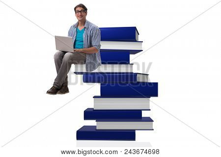 Young man in telelearning concept with laptop and books