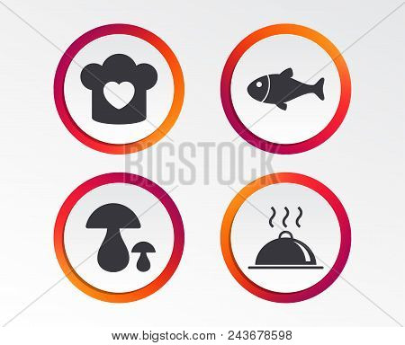 Chief Hat With Heart And Cooking Pan Icons. Fish And Boletus Mushrooms Signs. Hot Food Platter Servi