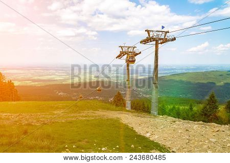 Funicular. Summer Landscape In The Czech Mountains, A Journey, A Beautiful Mountain Slope In The Fog