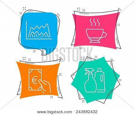 Set Of Espresso, Trade Chart And Finance Icons. Shampoo And Spray Sign. Hot Drink, Market Data, Eur 