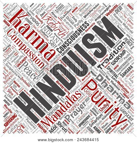 Conceptual hinduism, shiva, rama, yoga square red word cloud isolated background. Collage of mandalas, samsara, celebration, tradition, peace, compassion, rebirth, karma, dharma concept