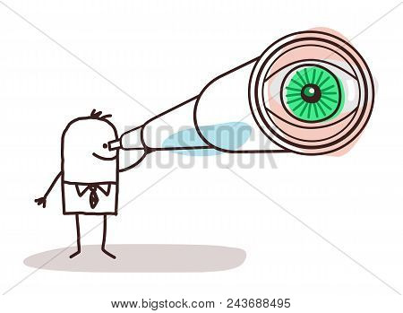 Cartoon Businessman With Big Telescope Eye Illustration