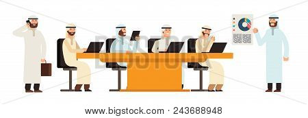 Arab Businessmans Group At Table In Bisiness Meeting. Arabic Saudi Men Cartoon Vector Characters. Gr