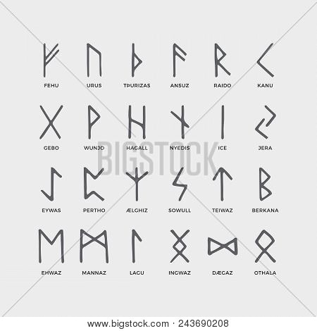 Retro Norse Scandinavian Runes. Sketch Celtic Ancient Letters. Old Hieroglyphic Occult Alphabet. Med