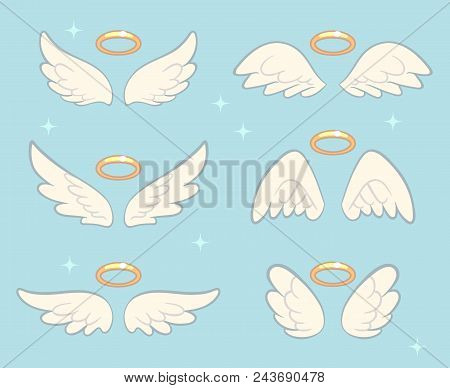 Flying Angel Wings With Gold Nimbus. Angelic Wing Cartoon Vector Set. Illustration Of Holy Symbol Co