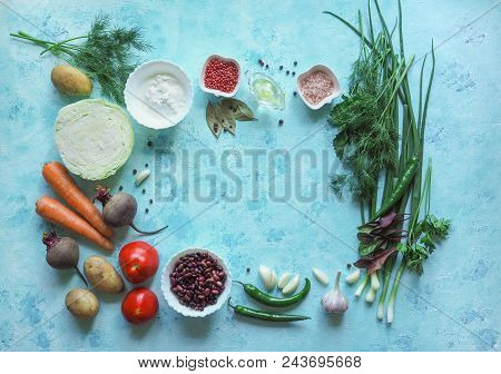 Vegetables Ingredients For Borscht On The Kitchen Table. Homemade Russian, Ukrainian And Polish Nati