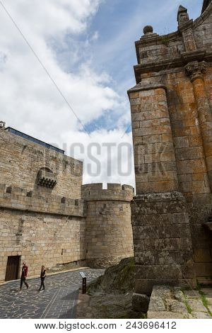 Puebla de Sanabria, Spain - May 30, 2018: People visiting the old castle of Puebla de Sanabria, Castilla y Leon, Spain