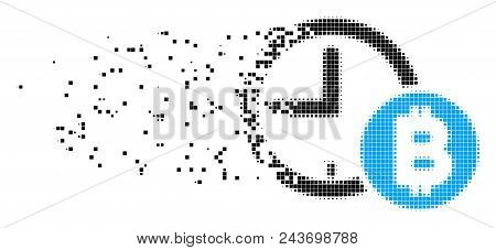 Dissolved Bitcoin Credit Clock Dot Vector Icon With Wind Effect. Rectangle Pixels Are Grouped Into D