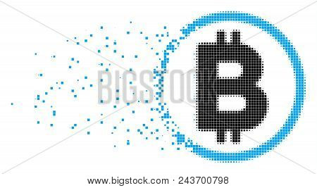 Fractured Bitcoin Rounded Dot Vector Icon With Wind Effect. Rectangular Items Are Composed Into Disp
