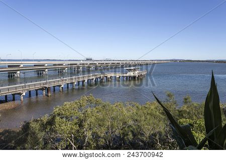 Panoramic View Of The Three Bridges Connecting Brisbane To The Redcliffe Peninsula, Australia