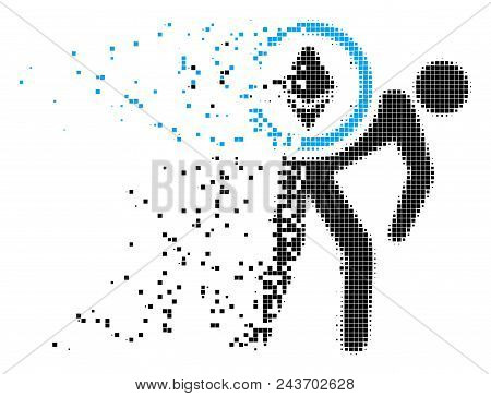 Dispersed Ethereum Courier Man Dotted Vector Icon With Wind Effect. Square Pieces Are Organized Into