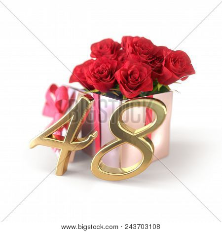 Birthday Concept With Red Roses In Gift Isolated On White Background. 3d Render - Forty-eighth. 48th