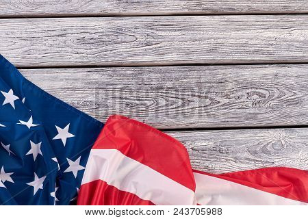 American National Flag On Wooden Background. Flag Of Usa On Rustic Wooden Boards And Copy Spce. Free