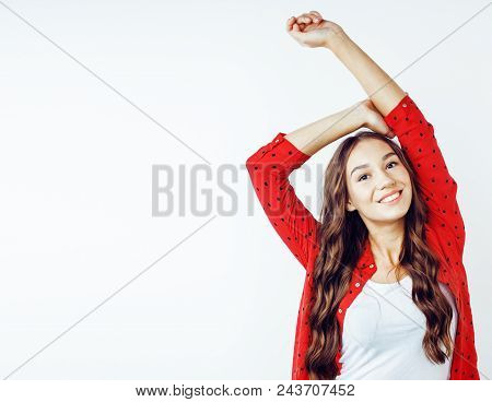 Young Pretty Teenage Hipster Girl Posing Emotional Happy Smiling On White Background, Lifestyle Peop