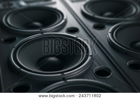 Multimedia  acoustic sound speaker system. Music close up black background. 3d illustration