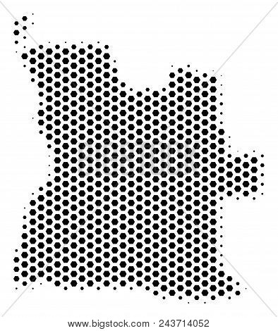 Hex Tile Angola Map. Vector Halftone Geographic Scheme On A White Background. Abstract Angola Map Co