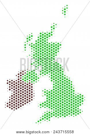 Hex Pixel Great Britain And Ireland Map. Vector Halftone Territory Plan On A White Background. Abstr