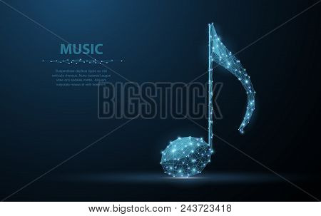 Vector Music Note. Abstract Wire Low Poy Quarter Note Illustration On Dark Blue Background With Star
