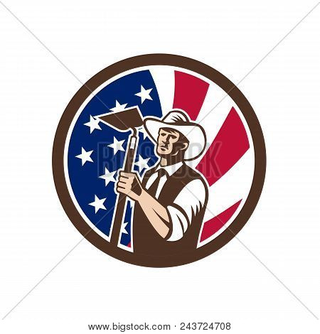 Icon Retro Style Illustration Of An American Organic Farmer Holding A Grab Hoe With United States Of
