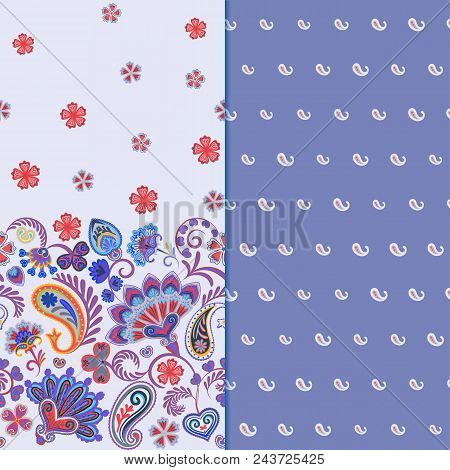 Set Of Two Horizontal Seamless Floral Pattern With Paisley And Fantasy Flowers Border. Hand Drawn Te