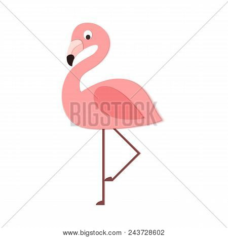 Tropical Flamingo In Trandy Paper Cut Style. Craft Jungle Wild Bird Isolated On White Background For