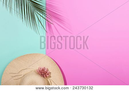 Colorful Summer Female Fashion Outfit Flat-lay. Straw Hat, Sunglasses, Cactus, Notebook, Pencil Over
