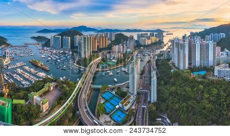 Panoramic Aerial View Of The Aberdeen Harbour (aberdeen Typhoon Shelter) And Ap Lei Chau Bridge In H