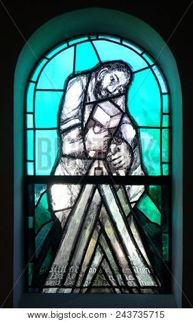 HINTERBRAND, GERMANY - JULY 04: Saint Joseph, stained glass window by Sieger Koeder in chapel in Hinterbrand, Germany on July 04, 2017.