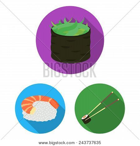 Sushi And Seasoning Flat Icons In Set Collection For Design. Seafood Food, Accessory Vector Symbol S