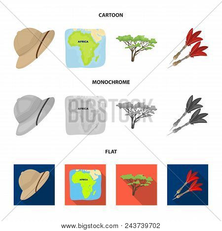 Cork Hat, Darts, Savannah Tree, Territory Map. African Safari Set Collection Icons In Cartoon, Flat,