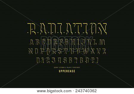 Decorative Stencil-plate Serif Font. Letters And Numbers For Logo And Title Design. Yellow Print On 