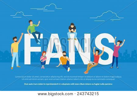 Football Fans Watch A Game Online Sitting On Big Letters. Flat People Using Laptop And Smartphone Fo