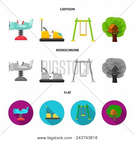 Airplane On A Spring, Swings And Other Equipment. Playground Set Collection Icons In Cartoon, Flat, 