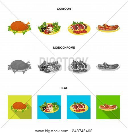Fried Chicken, Vegetable Salad, Shish Kebab With Vegetables, Fried Sausages On A Plate. Food And Coo