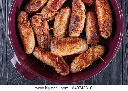 Fried Italian Braciole - Pounded Beef Steaks Rolls Layered With Prosciutto, Grated Parmesan Cheese A
